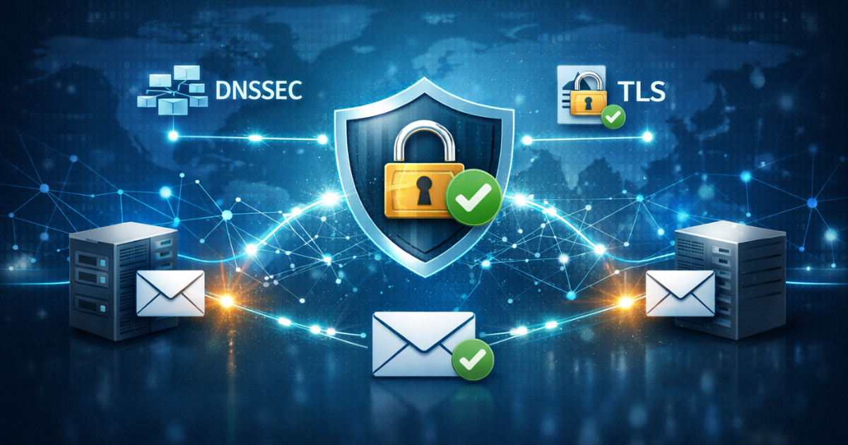Illustratie van veilig e-mailverkeer met DNSSEC en SMTP DANE voor Microsoft 365 - LinkSecure